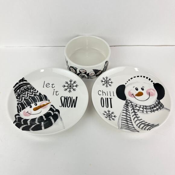 Fitz and Floyd Snow Days Snack Set Snowman Bowl and Plates - Picture 1 of 8